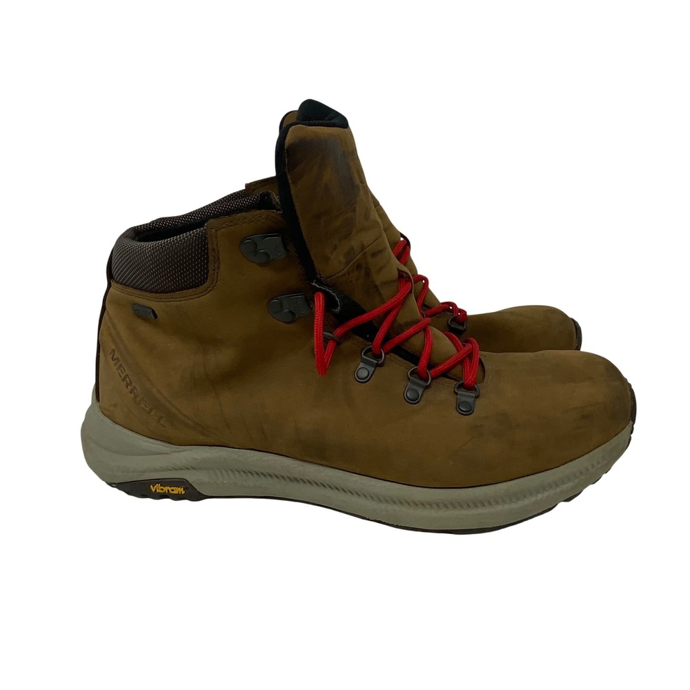 Merrell Ontario Mid Waterproof Hiking Boots Brown Leather Red Lace J84903 Men 13